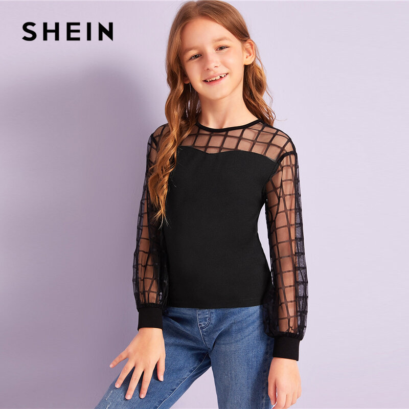SHEIN Kiddie Black Grid Contrast Mesh Shoulder Casual Blouse Kids Tops 2019 Autumn Long Sleeve Button Back Blouses For Teenagers