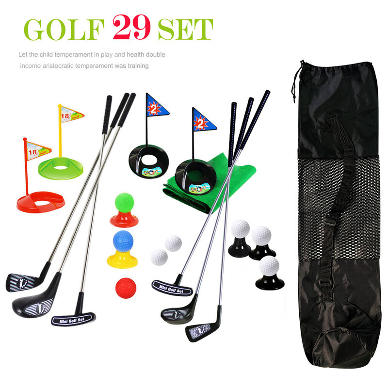 Mainan Olahraga Permainan Anak-anak Portabel Set Golf Mainan Tikar Bendera Bola Latihan 29 Buah Permainan Olahraga Luar Ruangan untuk Anak-anak dengan Tas Punggung