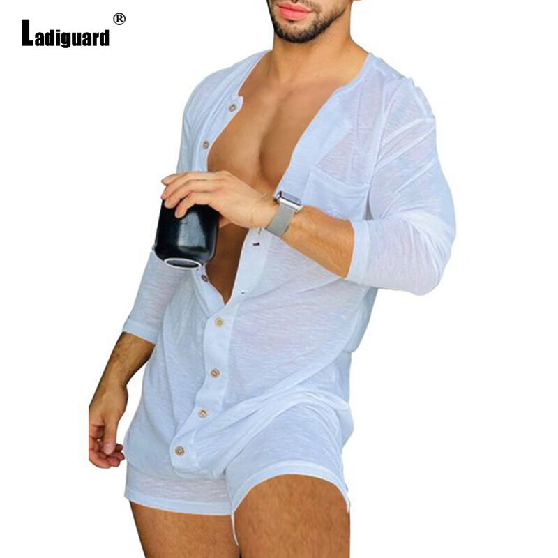 Ladguard-sexy conjunto de uma peça para homens, bodysuit de manga comprida com botão, conjunto de uma peça, cor preto e branco, nova moda verão, 2023