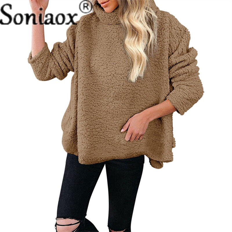 2021 nowy luźny sweter kobiet bluzy z długim rękawem z polaru topy Streetwear panie jednolity kolor, na jesień zima znosić seksowny płaszcz bluza