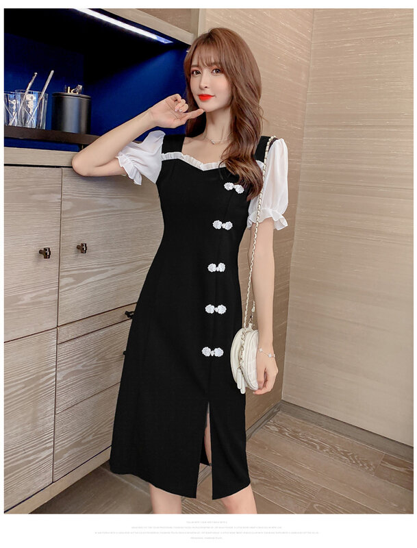 Square Collar Slim Waist Small Black Dress Summer Dress Female French Retro Cheongsam Dress Sexy Improved Mid-Length Style Qipao