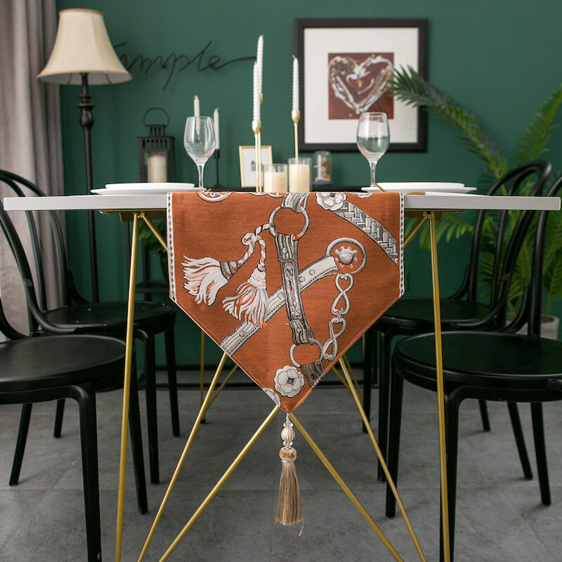 DUNXDECO-Corredor de mesa para jantar, capa de mesa de tecido longo moderno e simples, jacquard de corrente laranja e verde, tapete de decoração de mesa de jardim