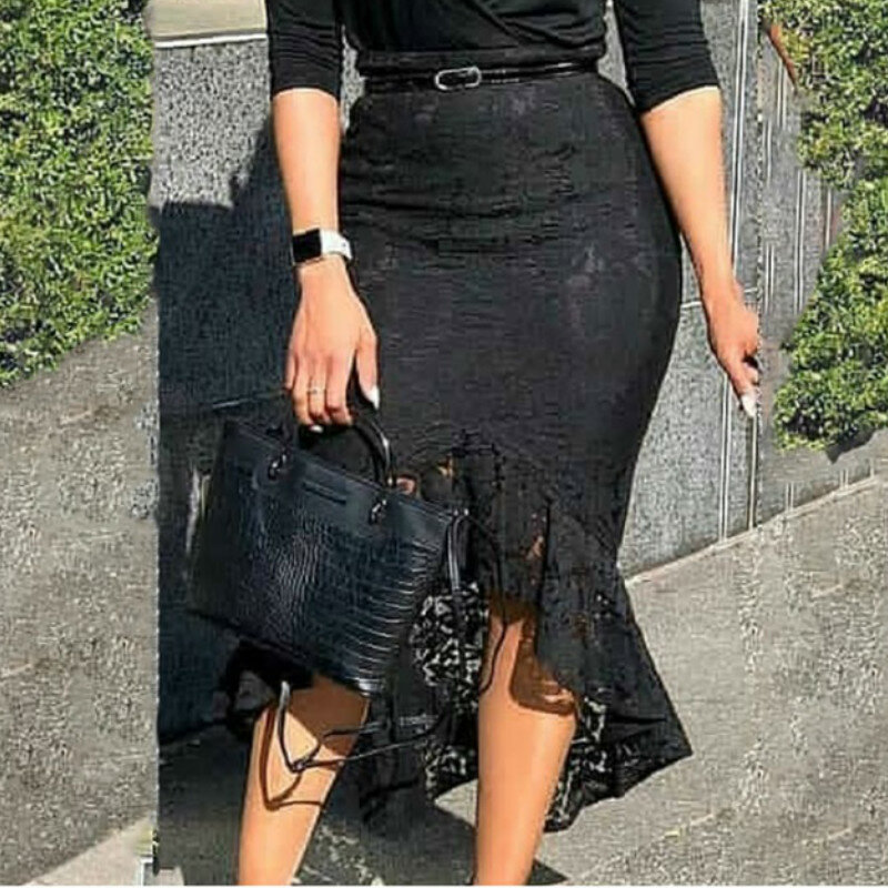 Falda de encaje negra para mujer, falda de cintura alta ajustada, longitud Irregular, modesta, elegante, a la cadera, para oficina, 2020
