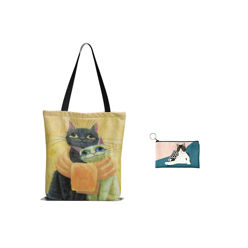 New 2pcs Women Printing Shoulder Bag Cute Cat Little dinosaur Coin Purse For Kids Ladies Wallet With A Zipper Shopping Bag