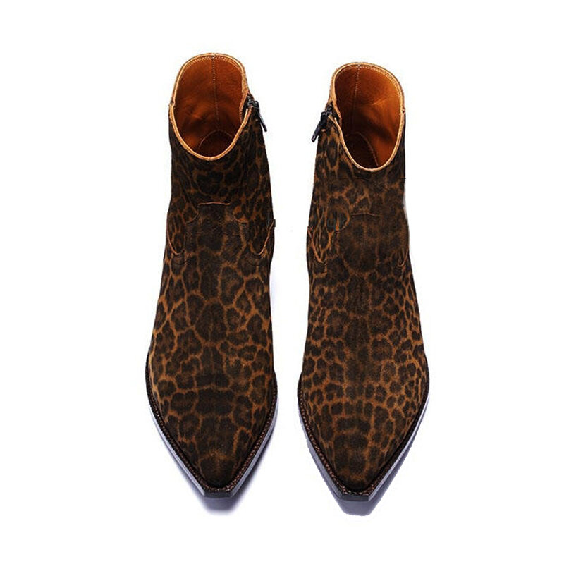 Männer Runway Luxus Marke Leopard Gedruckt Chelsea Stiefel Spitz Kuh Wildleder Cowboy Stiefeletten 2023 Sommer Kleid Botas Plus größe