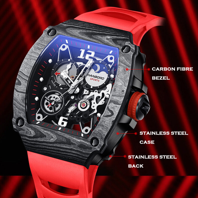 Hanboro relógios automáticos dos homens relógio de pulso mecânico luxo pulseira de borracha à prova dwaterproof água luminosa tonneau caso fibra carbono moldura