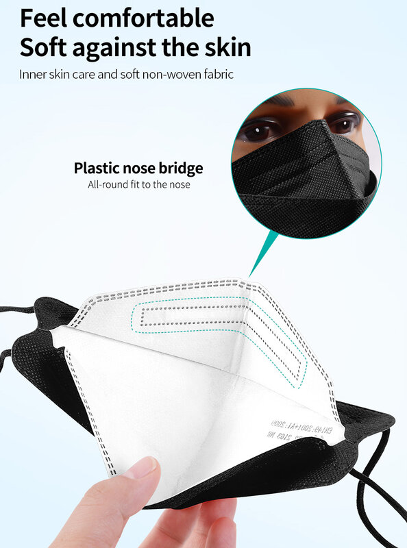 Mascarilla facial ffp2 reutilizable para adultos, máscara de 4 capas, con respirador, certificado CE, negra, de 2 a 200 piezas