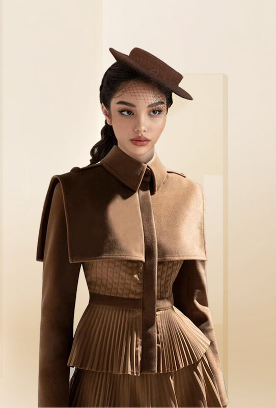 Robe de costume en cachemire de laine marron pour les occasions formelles, haut plissé et jupe, tenue de magasin de tailleur, automne et hiver