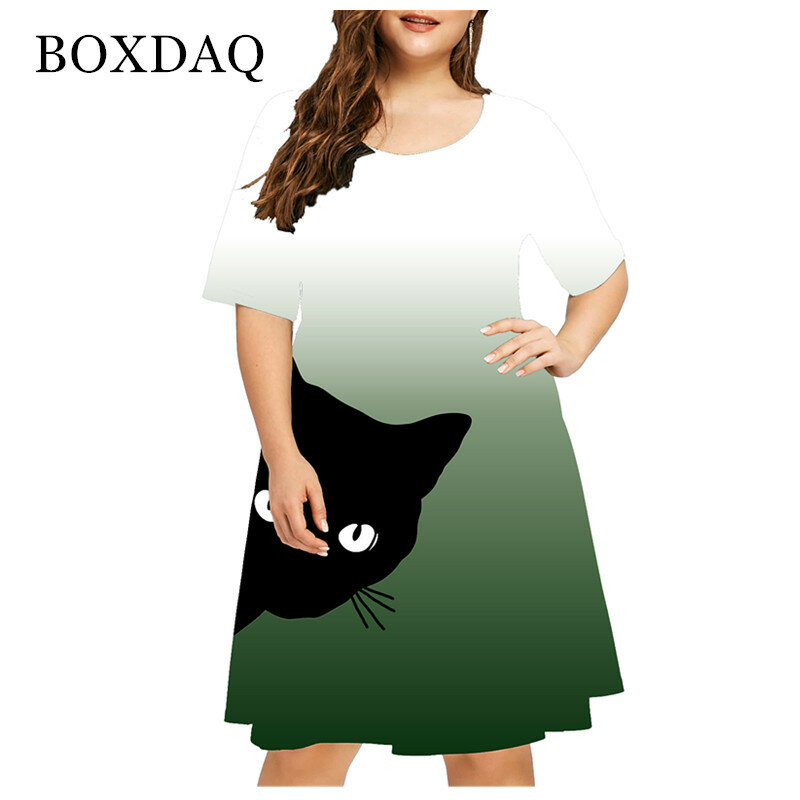 New 2021 Summer Women Cute Cat Print Dress Casual Short Sleeve Ladies Mini Dress Street Fashion Plus Size Women Clothing 4XL