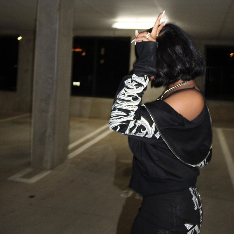 Kaus Lengan Panjang Atasan Y2k Punk Gothic Hoodie Wanita Musim Gugur Musim Dingin Hoodie Zip Up Wanita Jaket Print Huruf Streetwear