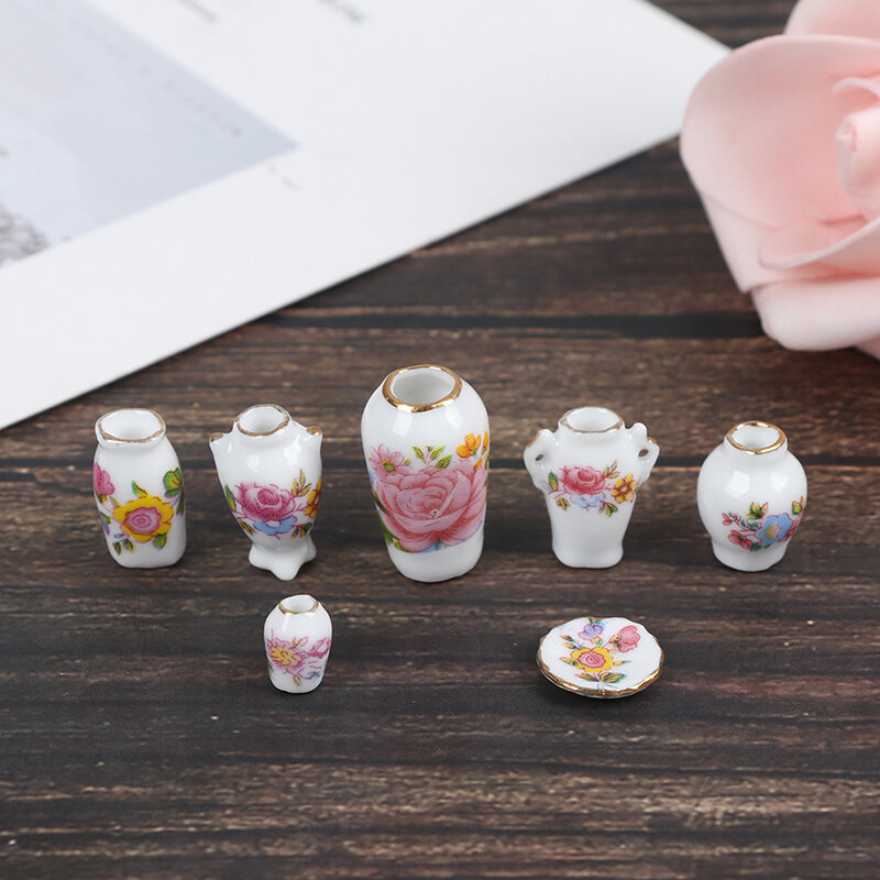 Mini Vase en céramique pour maison de poupée, accessoires décoratifs miniatures 1:12 en porcelaine