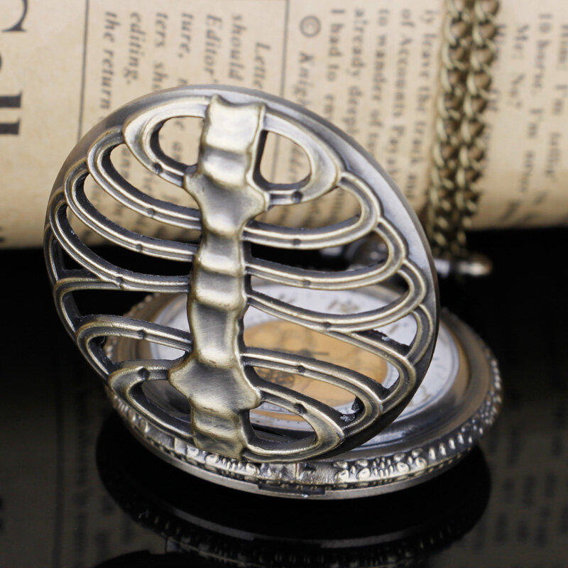 Spine Ribs Oco Design Bronze Mens Relógio De Bolso Mostrador Branco Com FOB Cadeia De Quartzo Relógio De Bolso