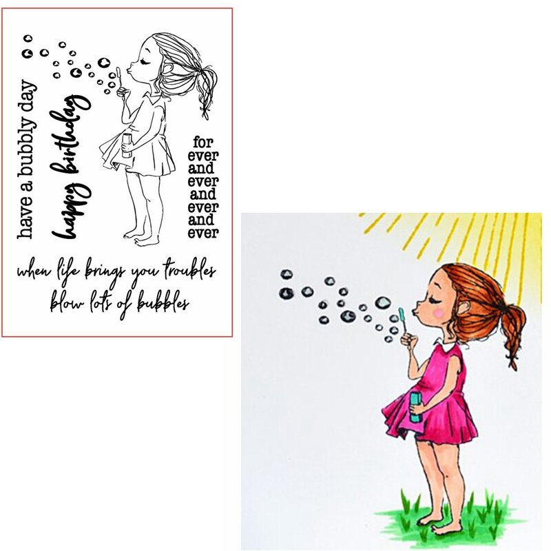Menina soprando bolhas claro selos doce menina para diy cartão fazendo crianças transparente silicone selo novo 2019