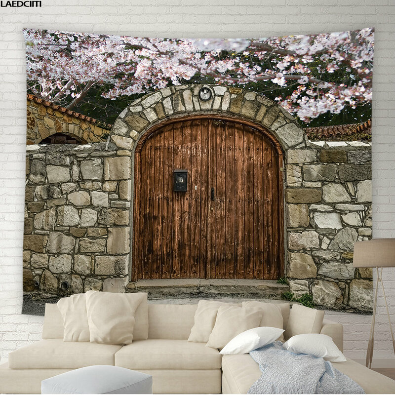 花の風景タペストリー,レトロな木製のドア,緑の植物の葉,壁の吊り下げ,寝室,家の装飾