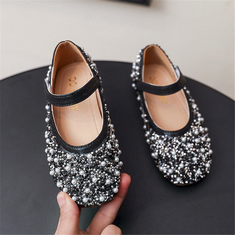 Primavera más nuevos zapatos de cuero para niñas niños Princesa para niñas zapatillas de diamantes de imitación perla lentejuelas planas zapatos de baile para chico