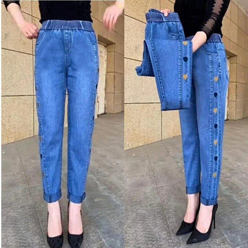 Calça jeans de cintura elástica feminina com bordado, tamanho grande, solta, reta, casual, feminina, de meia idade, outono, inverno, 5XL