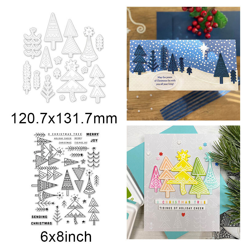 Feliz natal multi-estilo árvores de corte de metal dados & transparente selos claros para diy scrapbooking álbum/cartões de papel foto
