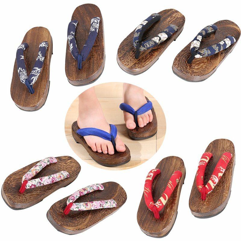 Sandálias para cosplay infantil, chinelos rasteiros para crianças de madeira estilo kimono