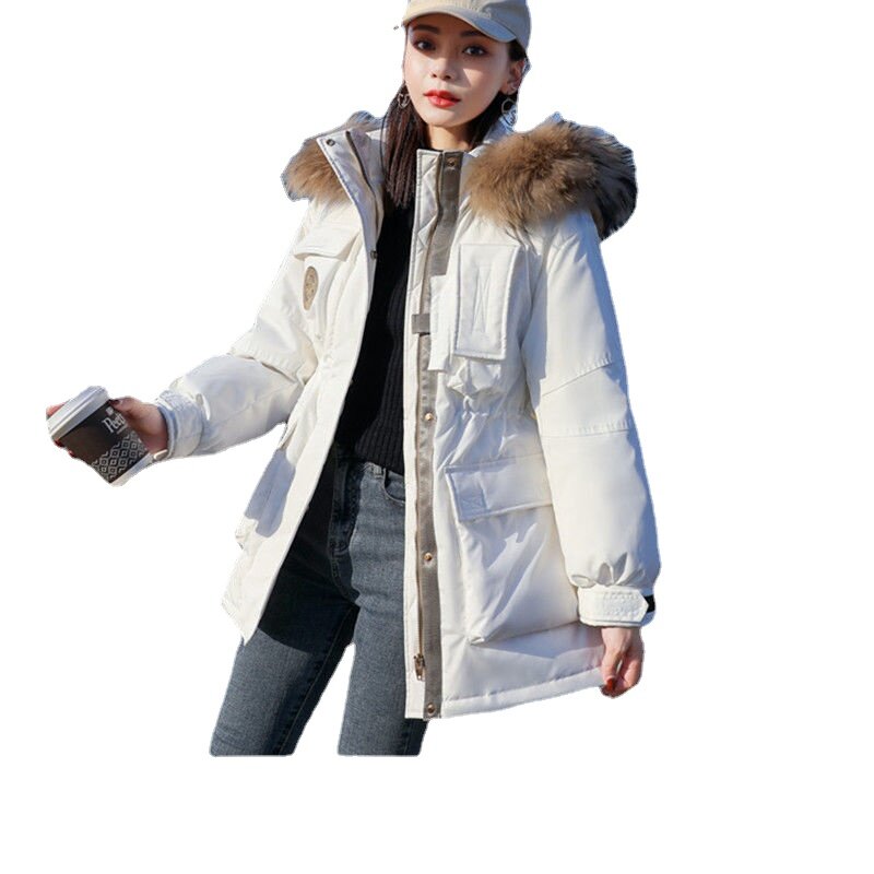Nova gola com capuz gola de pele para baixo jaqueta estilo coreano elegante jaqueta à prova de vento feminino casacos