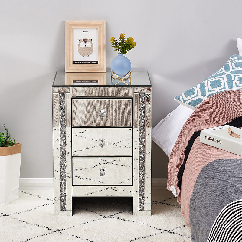 Panana Bedroom Furniture Sparkly Mirrored Crushed Crystal 3 Drawer Bedside Cabinet Table Chest of Drawers Family Gifts