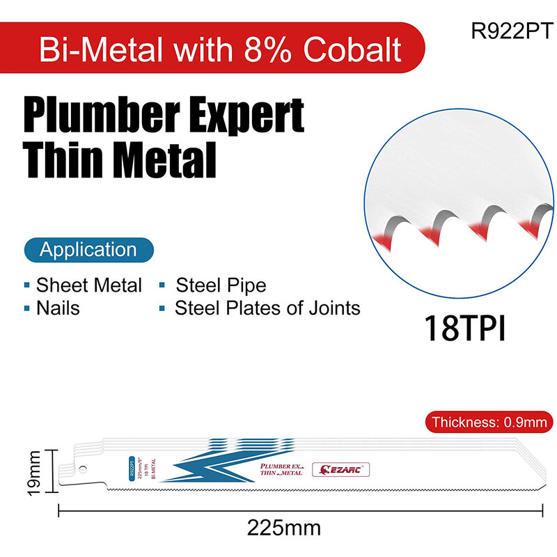 EZARC 5Pcs Reciprocating Saw Blade Bi-Metal Cobalt Sabre Saw Blades for Thin-Medium Metal Cutting 6" & 9" R622PT / R922PT 18TPI