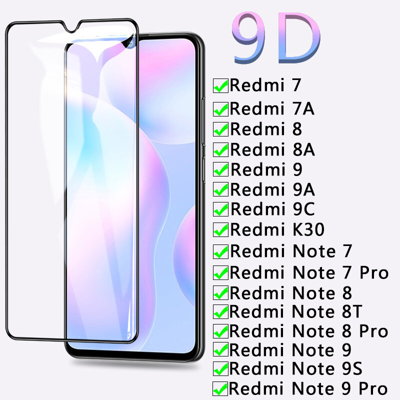 Verre de protection 9D pour Xiaomi Redmi 7 7A 8 8A 9 9A 9C K30, protecteur d'écran Redmi Note 7 7 Pro 8 Pro 8T 9 9S Pro, film en verre