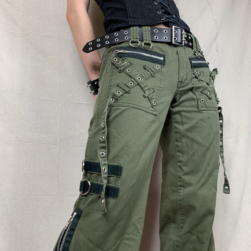 Pantalon cargo taille basse pour femme, gothique, punk, baggy, vintage, kawaii, fjbandage, grunge, vert, fermeture éclair, jeans, pantalons de survêtement coréens