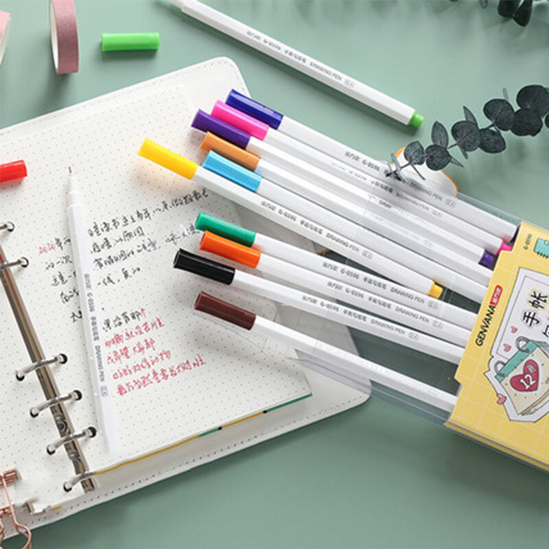 Genvana-caneta de ponta para conta manual, agulha para caneta 12 cores, à base de água, notas, meninas, diário, cópia manual, desenho à mão, especial