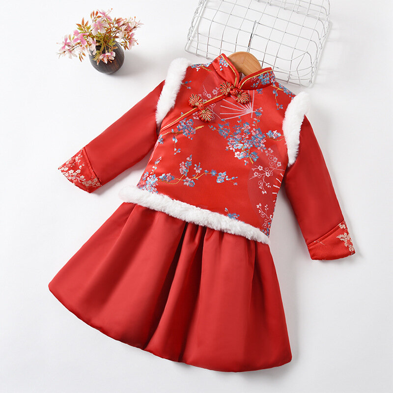 Jesienna i zimowa dziewczęca dwuczęściowa haftowana kamizelka do sukienki wydajność kostiumowa urodzinowa wieczorowa sukienka kwiatowa dziecięca