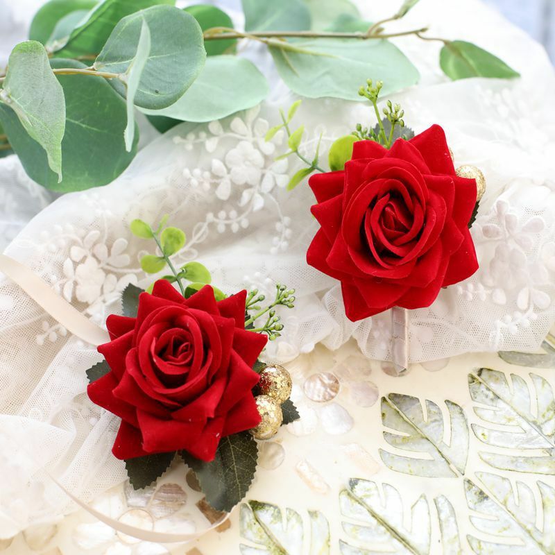 Rot Brautjungfern Handgelenk Corsage Stoff Rose Armband Decor Braut Hochzeit Zubehör Ornament Party Dekoration Prom