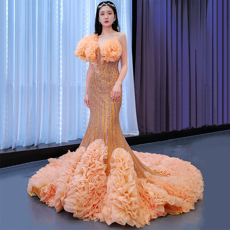 Gaun Formal Ibu Hamil untuk Wanita Hamil Gaun Prom Putri Duyung Gaun Malam Berpayet Mewah Gambar Bunga 3D