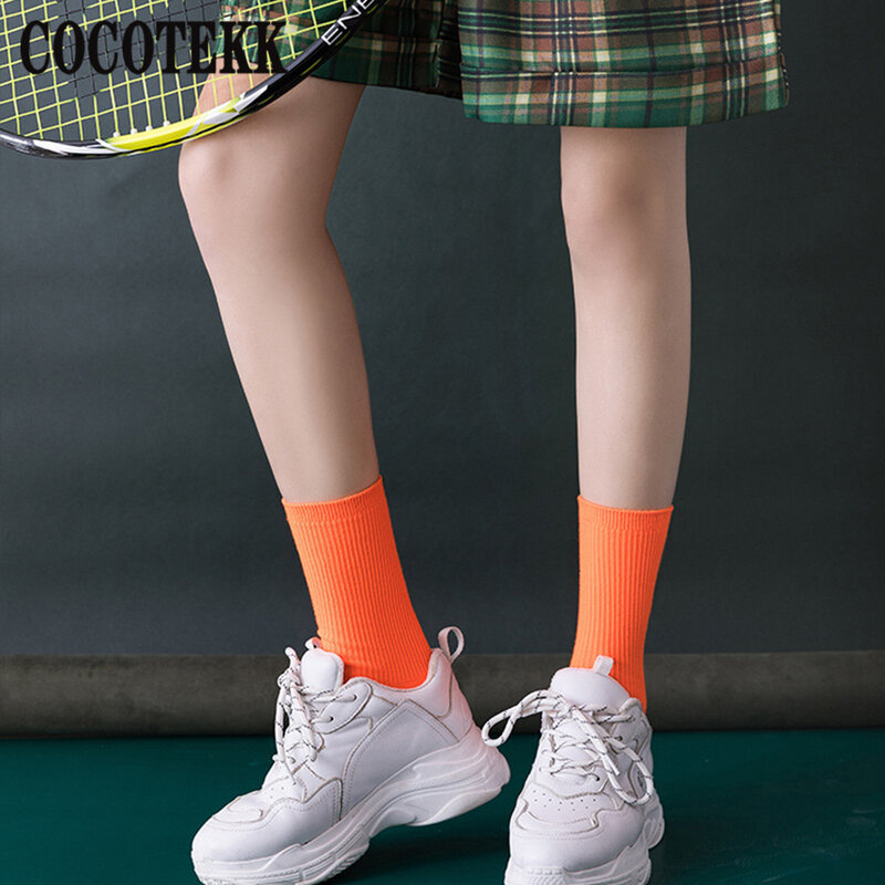 Harajuku-calcetines largos de algodón para mujer, medias de colores sólidos, fluorescentes, suaves, brillantes, neón, Rosa, Verde