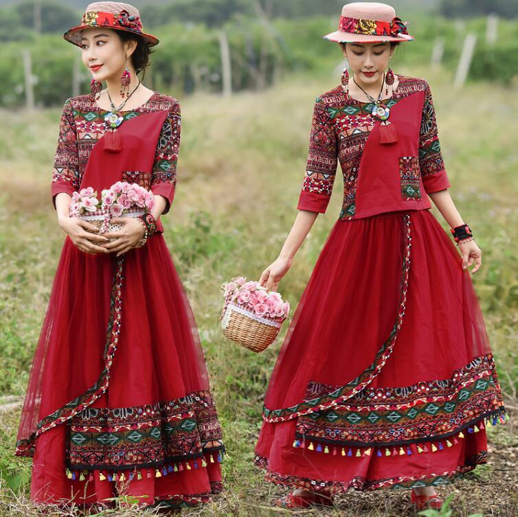 중국 민족 여성 원피스 프린트 여름 세트, 빈티지 레드 목가적 스타일