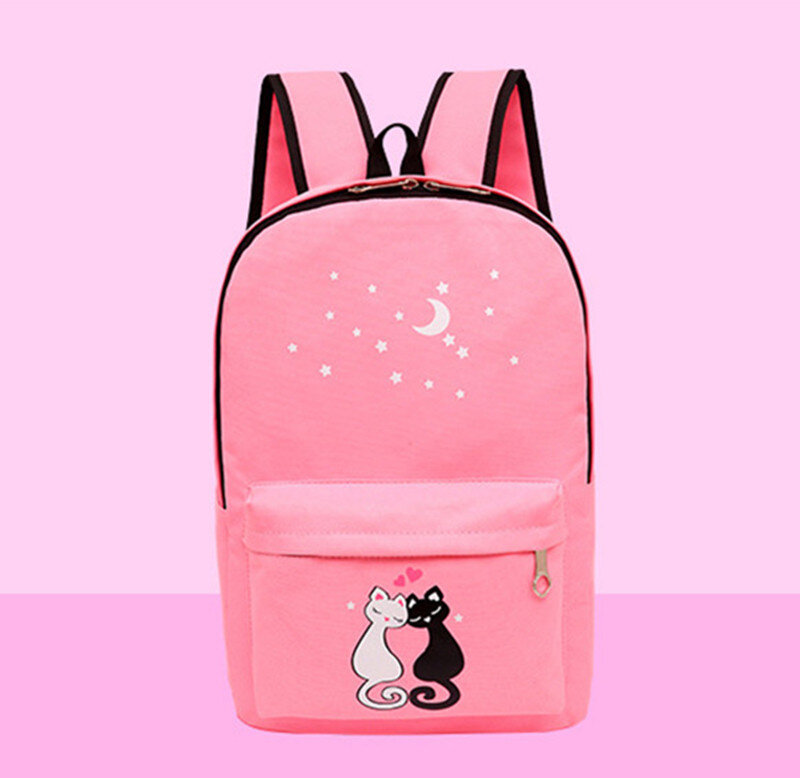 4pcs/set Women Backpack Cat Printing Canvas School Bags For Teenager Girls Preppy Style Rucksack Cute Book Bag Mochila Feminina