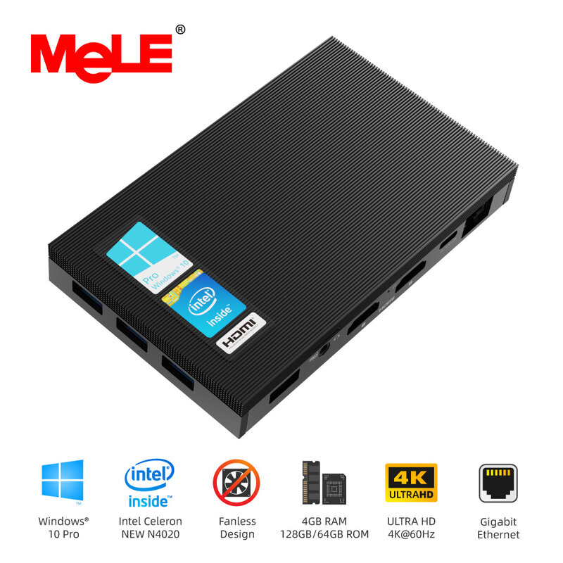 MeLE-Quiet Fanless Mini PC, Processador Intel Celeron N4000, 4GB RAM, 64GB, 128 GB, eMMC, Computador Desktop, Window 11 Pro, Tela Dupla