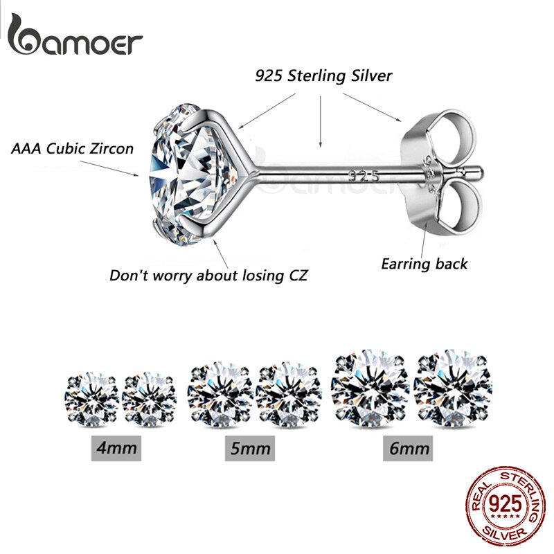 Bamoer Set 3 Pasang Anting-Anting Stud 925 Sterling Batu Perak CZ Anting-Anting Fashion Berkilau Minimalis 4Mm 5Mm 6Mm Diameter BSE166