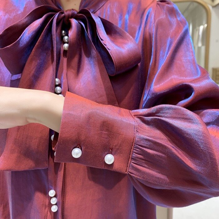 Camicetta da donna a maniche lunghe olografica camicetta da lavoro elegante con fiocco in rilievo camicie riflettenti moda elegante Femme Party Blusas