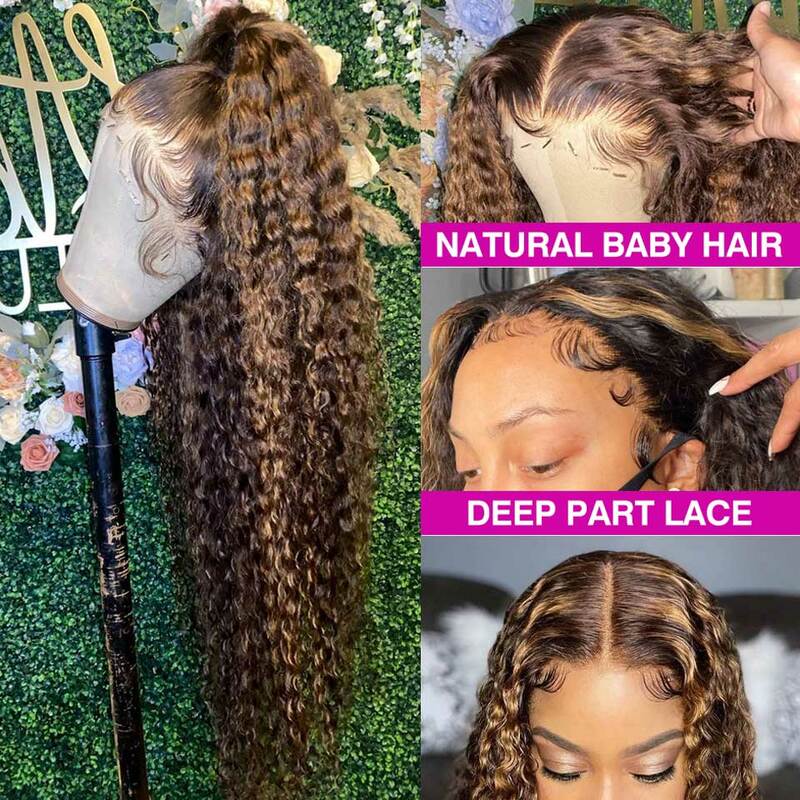 Perruque Lace Front Wig naturelle, cheveux bouclés, ombré, à reflets, couleur blond miel, HD, Deep Wave, 30, 34 pouces, pour femmes noires