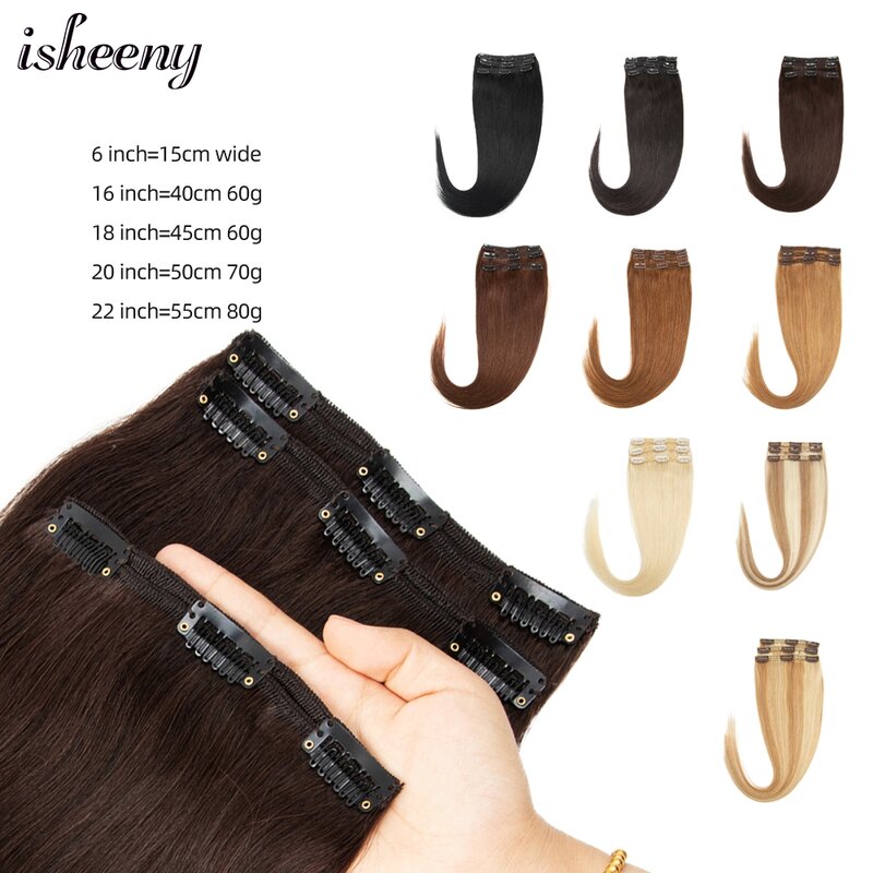 人間の髪の毛のエクステンションのisheeny-クリップオンヘアピース、茶色のクリップ、本物の天然のヘアピース、16 "、18" 、20 "、22" 、セットあたり3個