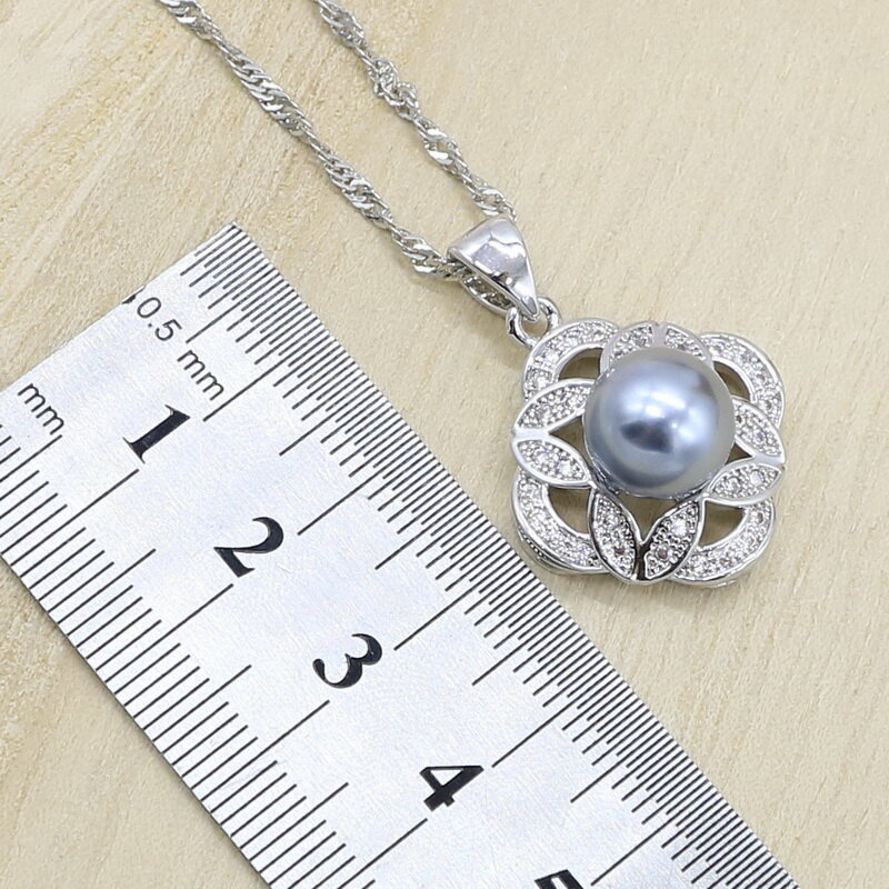 Perle grise 925 argent bijoux de mariage ensemble pour femmes boucle d'oreille collier pendentif anneau cadeau d'anniversaire