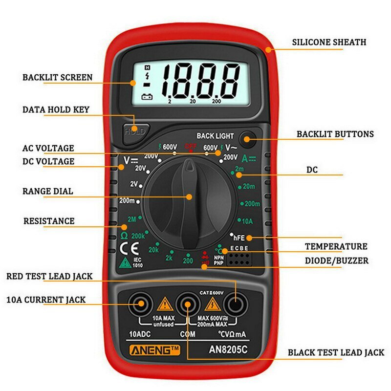 AN8205C Digital Multimeter AC/DC Ammeters Volt Ohm Tester Meter Multimetro With Thermocouple LCD Backlight Portable