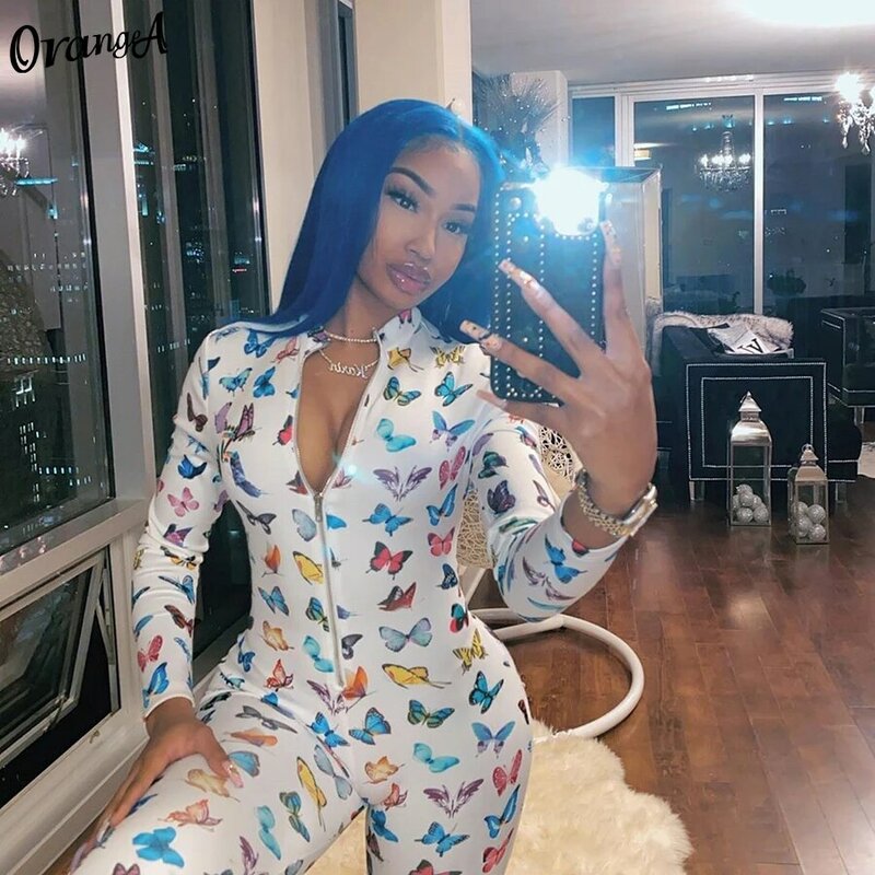 OrangeA butterfly jumpsuit women fitness active wear long sleeve zipper elastic casual rompers fashion workout female outfits