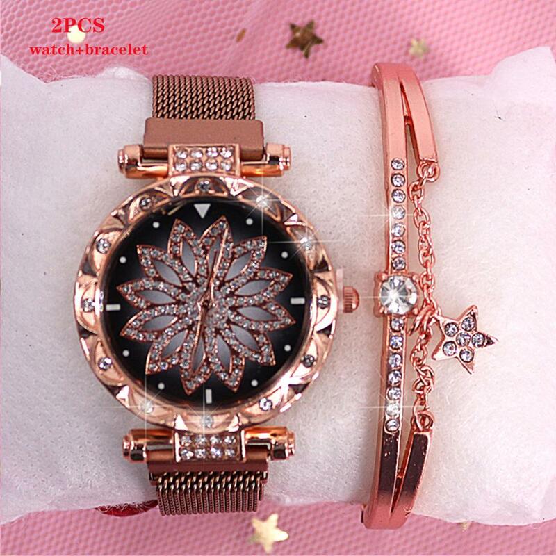 Reloj de lujo para Mujer, pulsera de cuarzo de acero inoxidable, Reloj magnético de diamantes con cielo estrellado