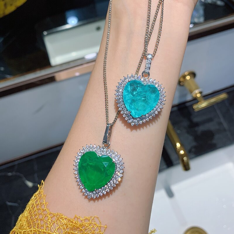 QTT Kalung Perak Murni 925 untuk Wanita Trendi Elegan Rantai Hadiah Kekasih Cinta Hati Paraiba Zamrud Turmalin Perhiasan Pengantin