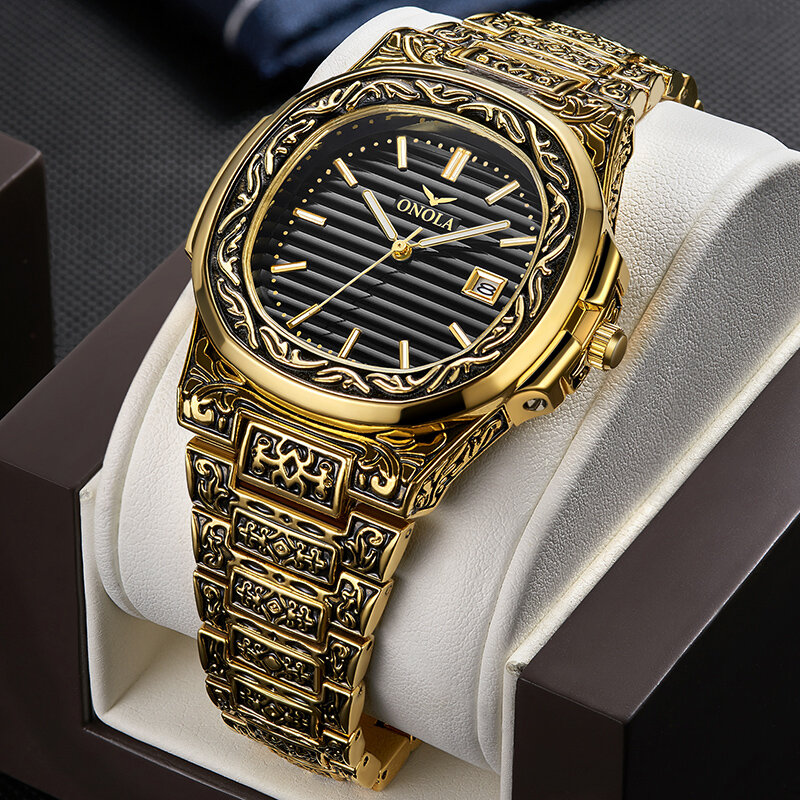ONOLA 高級ブランドクォーツ起源腕時計メンズ 2019 ゴールド古典的なヴィンテージ腕時計防水 ユニークゴールデンファッションカジュアルメンズ腕時計