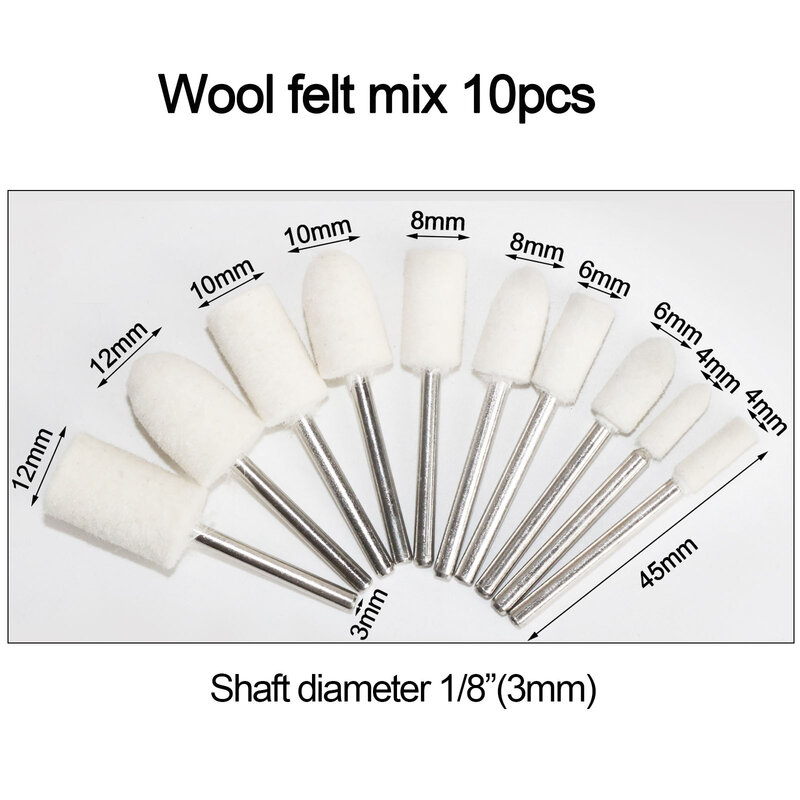 Rueda de pulido montada en fieltro de lana, cabezal de pulido OD de 3-20mm para taladro Dremel, herramienta rotativa, vástago de 3mm, 10 piezas