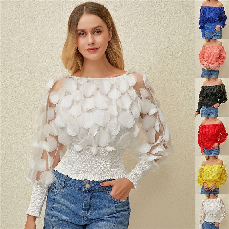 Blusa blanca con hombros descubiertos para mujer, camisa Sexy de malla transparente con manga abullonada, flor 3D, Vintage, 2020