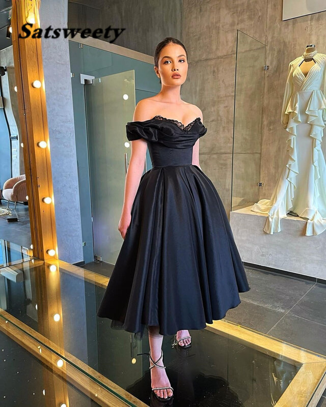 Black Off the Shoulder Satin Prom Dresses Sleeveless Evening Dress Tea-Length A-Line robes de cocktail Party Gowns