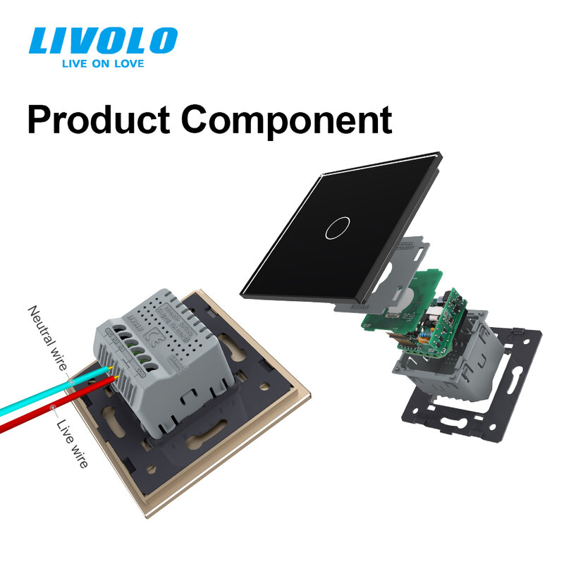 Livolo EU Standard,1 Gang 2 Voies Contrôle AC 220 ~ 250V, Applique murale Commutateur à Écran Tactile, Seulement Commutateur Module Liste