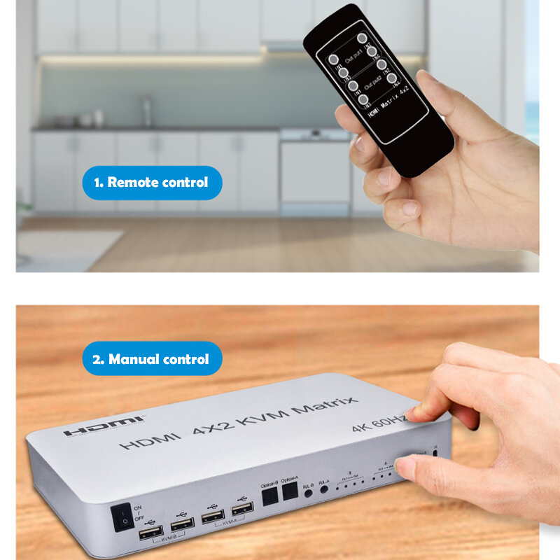 PC HDTV 모니터 키보드 마우스용 오디오 추출기 스위처, HDMI 호환 USB 2.0 KVM 매트릭스, 3D 스플리터, 4 in 2 out, 4K 60Hz